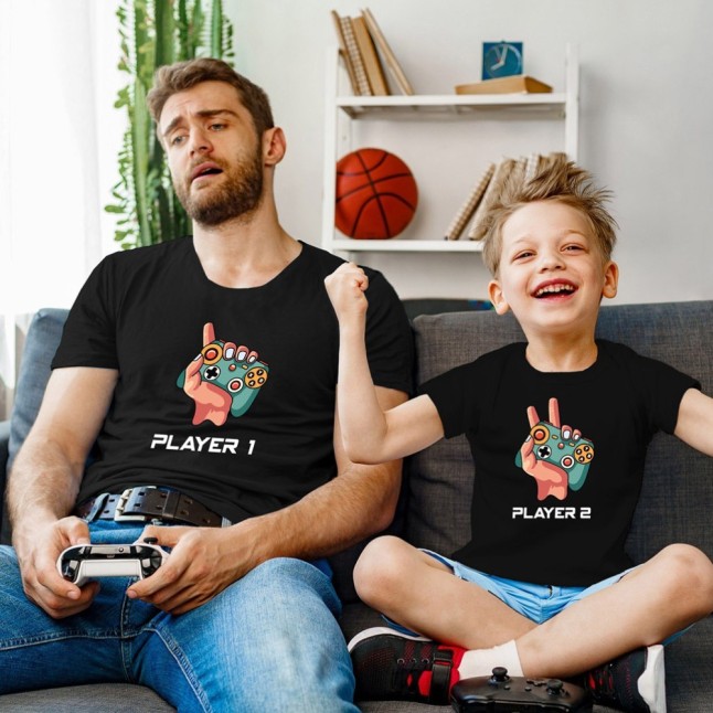 Player One Player Two Gamer Dad Father and Child Matching T-Shirt - 1